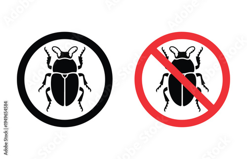 Beetle pest control icons with black and red prohibition signs for garden insect management