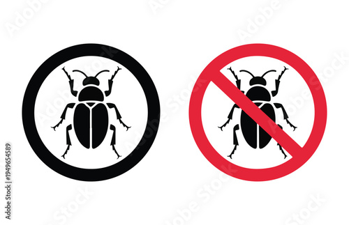 Bug sign icon set. black beetle symbol in circle and red forbidden sign no insects