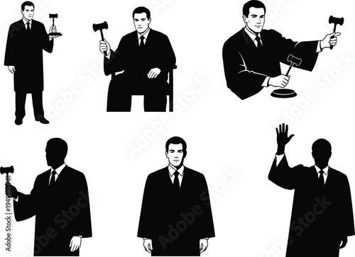 Judge silhouettes, gavel authority, courtroom justice, legal decision, lawyer figure, judicial power, law symbol, trial process, oath taking, legal system, verdict
