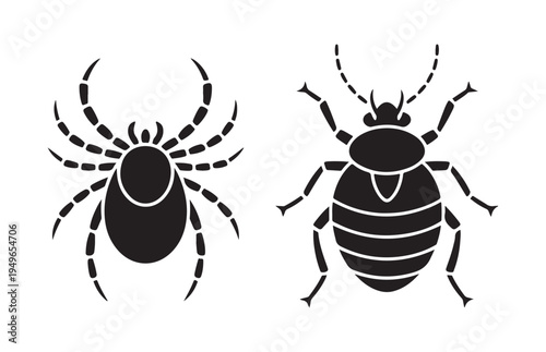 Spider and bed bug silhouette icons for pest control and arachnid identification