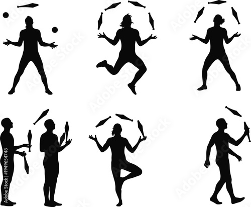 Juggler silhouette vector set, people juggling clubs and balls, performance art balance coordination skill illustration collection