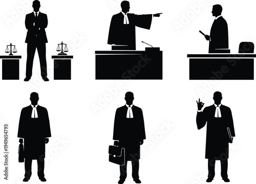 Judge silhouettes, lawyer figures, courtroom authority, legal profession, gavel justice, law symbol, trial process, legal decision, authority 