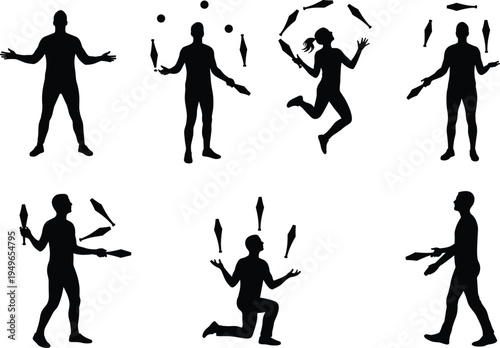 Juggler silhouette vector set, people juggling clubs in dynamic poses, circus performance balance coordination skill illustrationJuggler 