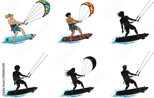 Kiteboarding and kitesurfing illustration, water sport silhouettes with colorful kites, extreme adventure, surfing, wind power concept design
