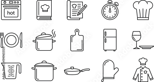 kitchen icon set, cooking tools vector, culinary symbols, chef equipment, food prep items, editable, scalable, outline, clean, minimal