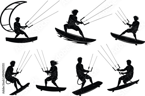 Kiteboarding silhouette illustration, kitesurfing water sport action, extreme surfing adventure, ocean wind power, dynamic motion concept design