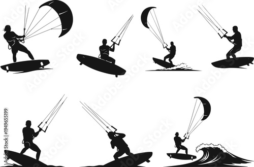 Kitesurfing silhouette illustration, kiteboarding water sport action, extreme surfing adventure, ocean wind power, dynamic motion concept design
