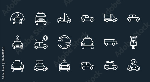 Vehicle icons set on dark background