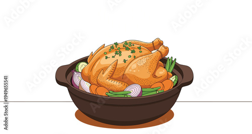 Whole roasted chicken in a ceramic pot with herbs and vegetables including carrots red onions and green beans