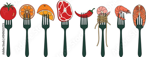 Healthy food set with tomato orange meat chili shrimp and salmon on forks for diet and nutrition concept