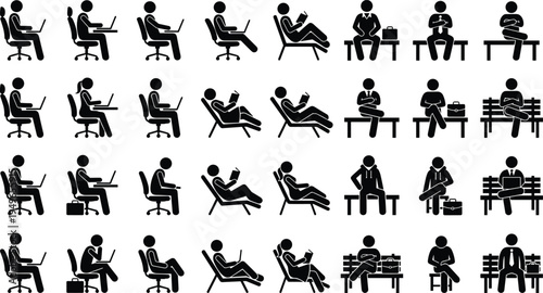Business people sitting silhouettes collection, office workers using laptop reading resting on bench chair isolated black vector icon set