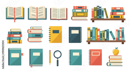 Library Book Elements Set – Study Materials and School Books Vector