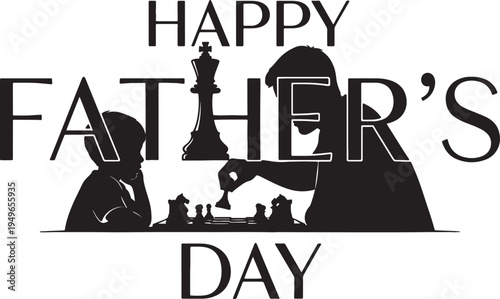Happy Father's Day Chess Game Illustration with Father and Son Playing, Integrating a King Chess Piece