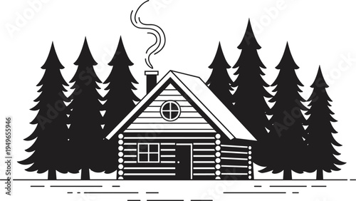 Log cabin in forest silhouette, rustic woodland house, pine trees, smoke chimney, nature retreat, wilderness living, cozy countryside illustration