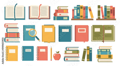 Colorful Books and Reading Elements Set – Education, Library and Study Vector Illustration