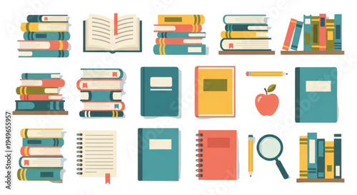 Book Collection Vector Set – Open Books, Stacked Books and Library Elements