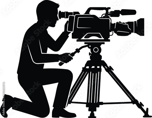 Cameraman filming with professional video camera silhouette, videographer operating tripod equipment isolated black media production vector illustration