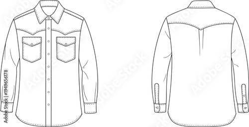 Long sleeve button up shirt flat sketch, fashion technical drawing, garment design, apparel template, clothing construction details