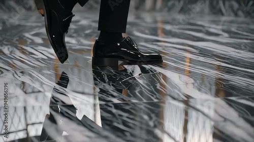 Close up Low Angle of Polished Black Leather Shoes Walking on a Reflective Floor