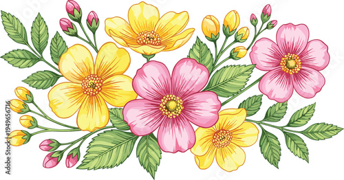 Beautiful spring floral bouquet featuring pink and yellow wild roses with green leaves and buds for romantic designs