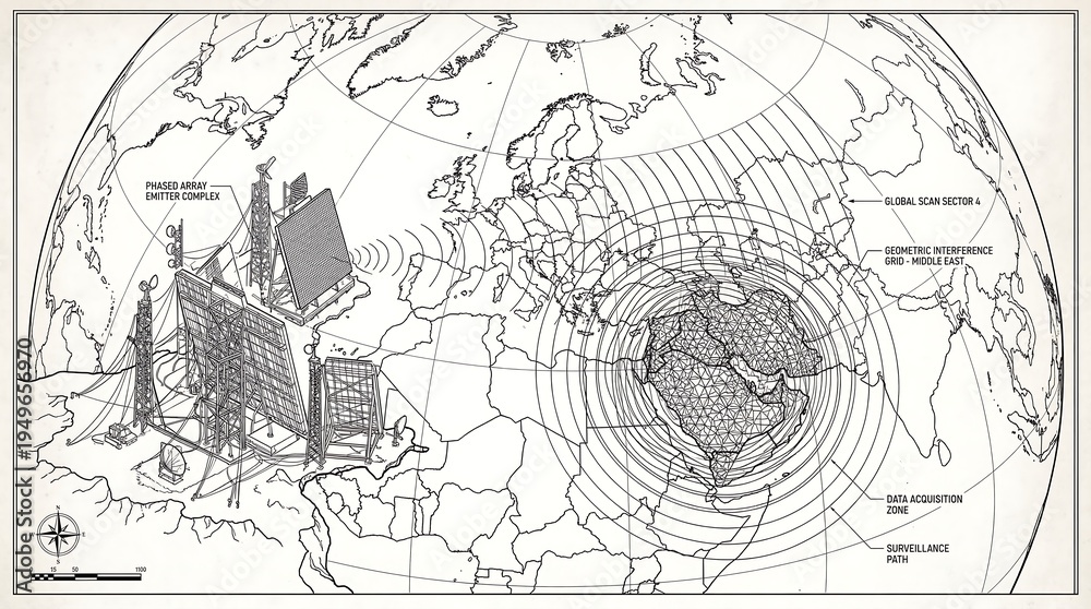 Fototapeta premium Global Signal Propagation Map with Communication Station.