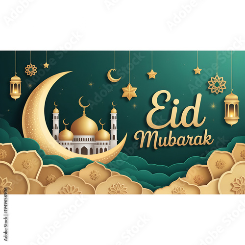 Eid Mubarak greeting card featuring a vintage vector illustration of an Islamic mosque with elegant calligraphy and a silhouette dome architecture design for the Ramadan celebration holi