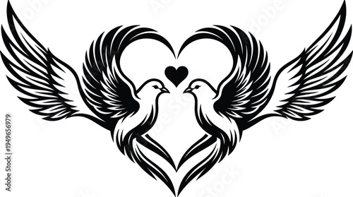 Love birds with wings forming heart silhouette, romantic dove symbol design isolated black vector illustration for wedding emblem