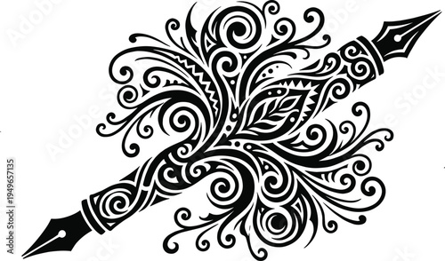 Ornate fountain pen with floral swirl ornament, decorative writing symbol isolated black vector illustration for creativity design