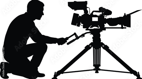 Professional cameraman operating video camera on tripod silhouette, videographer filming media production scene isolated black vector illustration
