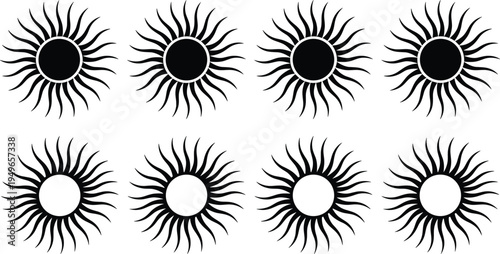 Sun symbol silhouettes collection, abstract solar icons with rays isolated black vector illustration for summer logo design