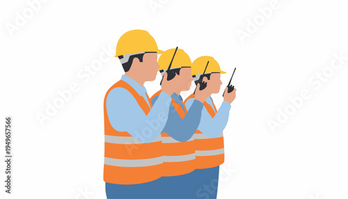 Three construction workers in hard hats and safety vests communicating with walkie-talkies on a white background.