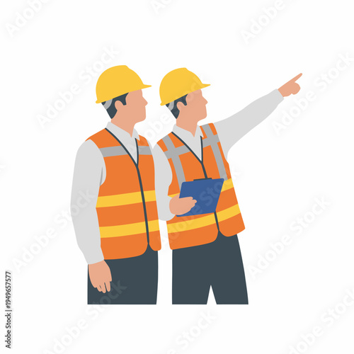 Two construction workers or engineers in hard hats and safety vests, one pointing, the other holding a clipboard.