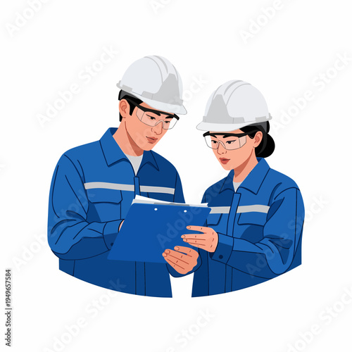 Two engineers or construction workers in hard hats and safety glasses reviewing documents on a clipboard, symbolizing teamwork and safety in an industrial setting.