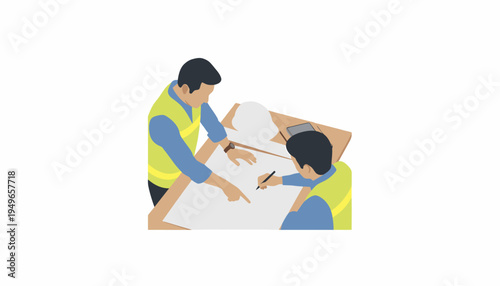 Two engineers or architects collaborating on a design project at a drafting table, with one instructing the other.