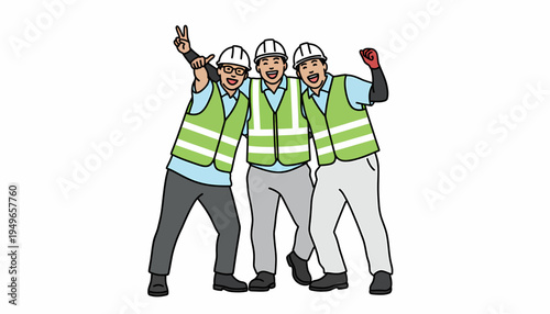 Three happy construction workers in hard hats and safety vests posing together, showing teamwork and camaraderie.