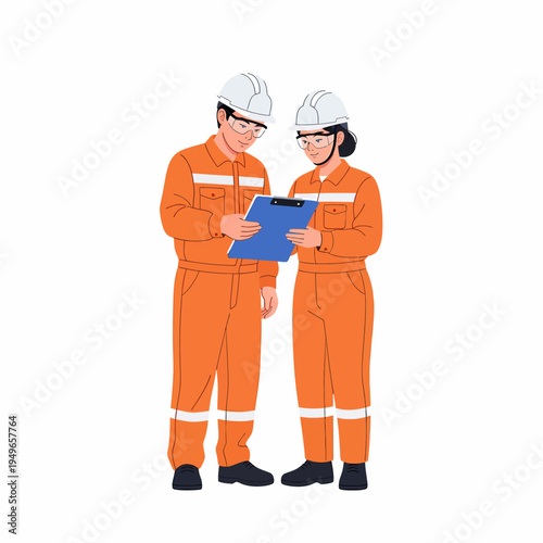 Two industrial workers in orange coveralls and hard hats reviewing a clipboard.