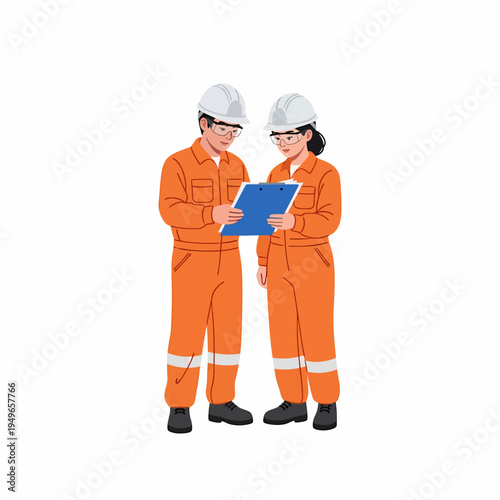 Two engineers in orange coveralls and hard hats reviewing a clipboard, discussing work.