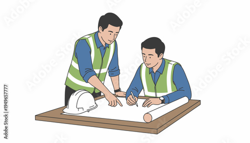 Two construction workers or engineers reviewing blueprints and plans on a table with a hard hat.