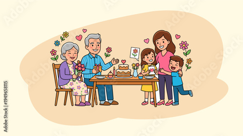 Happy family celebrating together with grandparents at dining table for Mother's Day gathering.
