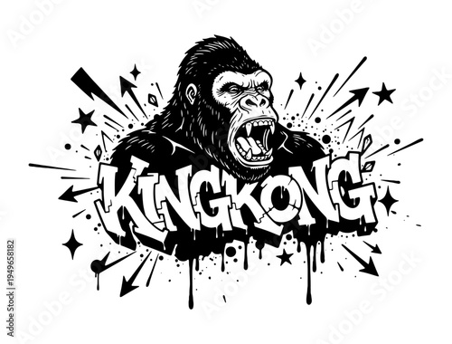 Strong gorilla king kong head with urban graffiti style typography illustration