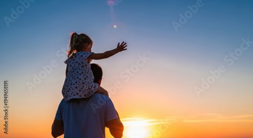Father carrying daughter on shoulders at sunset silhouette with fathers day