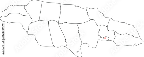 Outline vector illustration showing the parishes of Jamaica with Kingston highlighted clearly