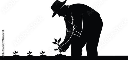 Farmer silhouette carefully planting a small sapling into the earth alongside several already growing sprouts.