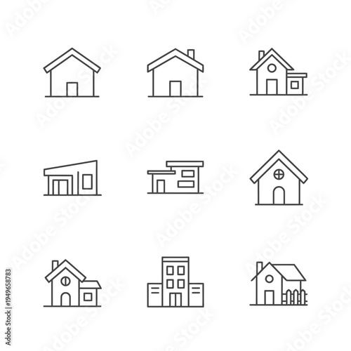 A collection of line art icons representing various types of houses, including single-family homes, apartments, and buildings, ideal for real estate or architectural design