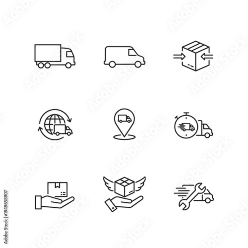 Delivery and Logistics Icons Set of 9 Icons for Transportation, Shipping, and Courier Services