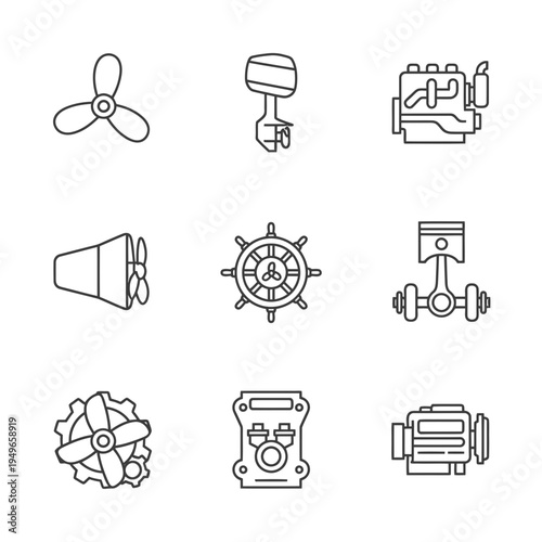 Set of icons representing various mechanical parts, engines, propellers, and steering wheels for industrial and marine applications