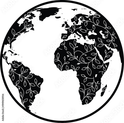 Globe illustration shows continents overlaid with delicate leafy vine patterns symbolizing global ecology and nature.