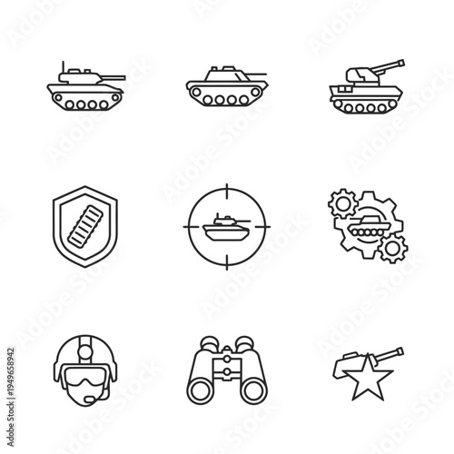 Military and defense icons, including tanks, protective shields, targeting scopes, helmets, binoculars, and artillery