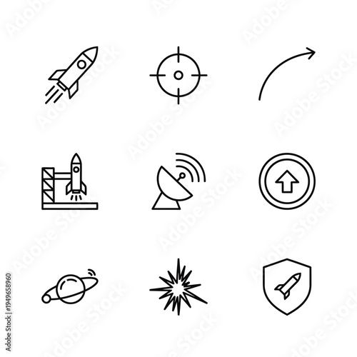 Collection of nine line art icons representing space exploration, technology, and business success