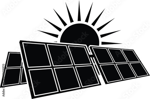 Solar panel array positioned beneath a bright stylized sun generating clean renewable energy technology for the future.